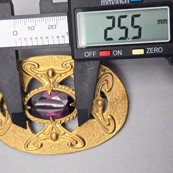 Art Nouveau Style Gold Tone Sash Pin Brooch Faceted Amethyst Glass Statement - Picture 7 of 10
